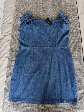 bebe Denim Off-Shoulder Mini Dress in Dark Blue